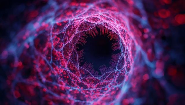 Futuristic Optical Tunnel of Glowing Neon Fibers and Orbs