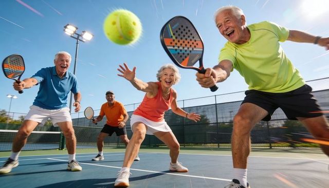 Active seniors lunging and swinging paddles, reaching for ball on sunny paddle court, doubles play