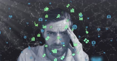Stressed Professional Surrounded by Digital Technology Icons - Download Free Stock Images Pikwizard.com