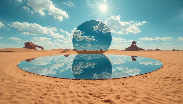 Surreal desert scene with reflective circle mirrors under vibrant sky