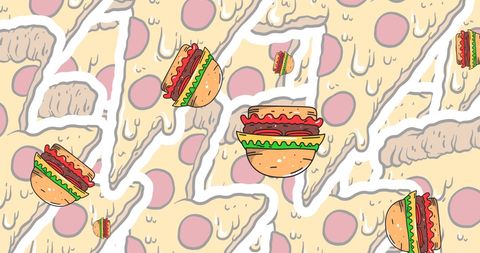 Cartoon fast food pattern featuring burgers and pizza