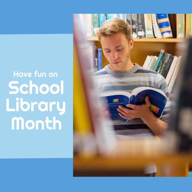 Young male student reading a book in a library, promoting School Library Month. Ideal for educational content, back-to-school campaigns, study materials, literacy programs, and websites dedicated to learning and education. Highlights the importance of libraries and encourages participation in school library activities.