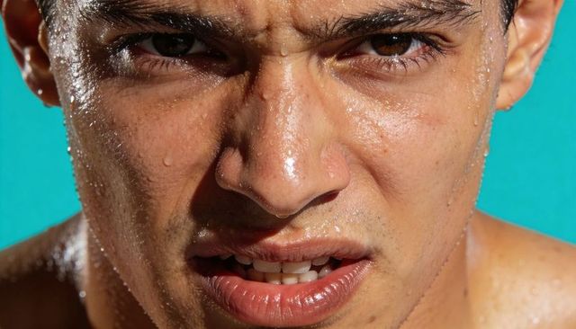 Intense sweaty male closeup headshot showing grit and determination with cinematic teal background