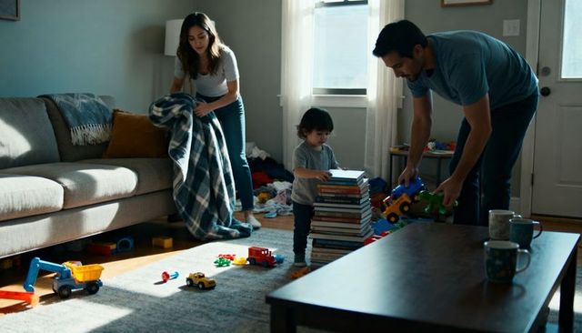 Toddler building tall book tower while parents tidying living room during playtime