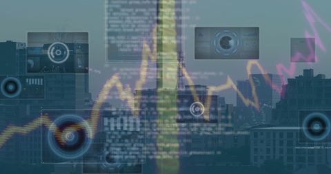 Digital data processing overlay on cityscape with futuristic elements