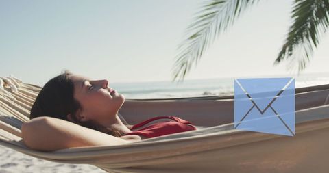 Woman Relaxing in Hammock by the Beach with Digital Icons - Download Free Stock Images Pikwizard.com