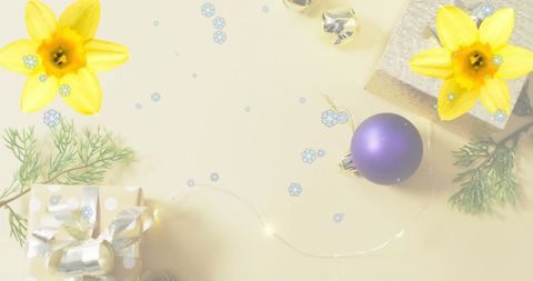 Festive Christmas Holiday Background with Flowers and Ornaments