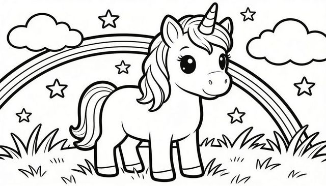 Smiling cartoon unicorn standing on grassy meadow with rainbow, clouds and stars