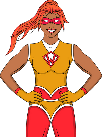 Confident Female Superhero in Red and Gold Costume with Emblem
