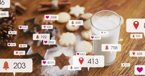 Festive cookies and milk with social media elements