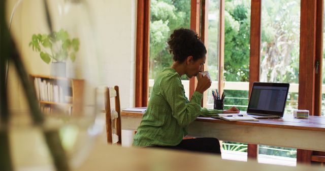 Focused woman working on laptop in home office with garden view - Download Free Stock Images Pikwizard.com