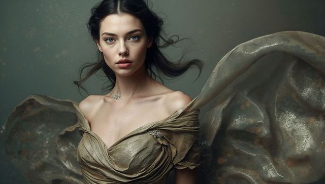 Ethereal woman wearing metallic gown with flowing translucent fabric and star pendant