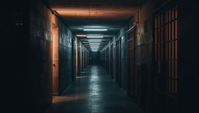 Dimly Lit Detention Corridor in Stark Institution