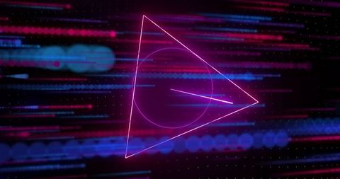Futuristic neon triangle with digital glitch effects