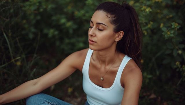 Young woman relaxing outdoors wearing white tank top and jeans, portrait with soft bokeh