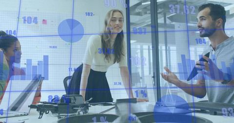 Female leader presenting data-driven strategy with drone technology in modern boardroom