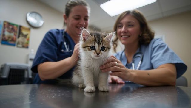 Veterinary team examining tricolor kitten on exam table during friendly wellness checkup