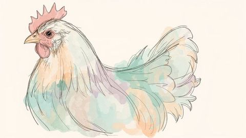 Whimsical watercolor cartoon chicken illustration with pastel accents