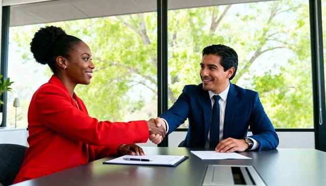 Handshake sealing deal between businesswoman in red blazer and businessman in navy suit