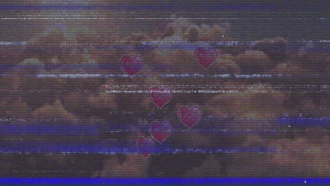Abstract Digital Hearts with Glitch Effect over Cloudy Sky