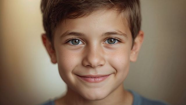 Smiling young boy looking at camera with freckles warm headshot natural light close-up