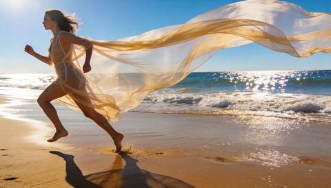 Running woman on sunlit beach with flowing golden chiffon trail, barefoot, dynamic motion