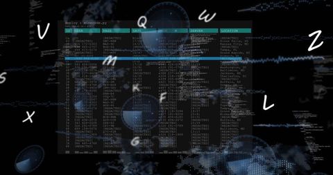 Cybersecurity Terminal Showing Redacted User Table with HUD Overlay and Network Monitoring