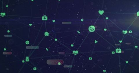 Neon medical data network visualization showing connected health nodes and heart icons