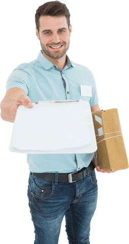 Transparent Delivery Man Offering Clipboard and Package - Download Free Stock Videos Pikwizard.com