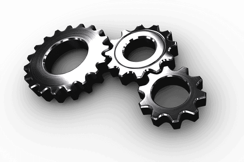 Transparent overlapping metallic cogs on black background