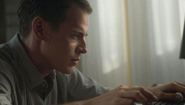 Focused young man typing on keyboard at home office desk with soft window light