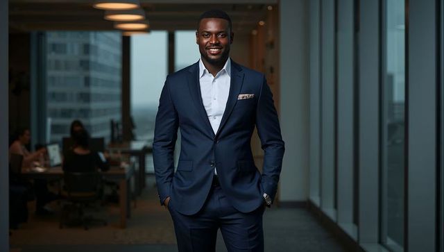 Smiling executive standing in modern office hallway wearing navy suit and pocket square