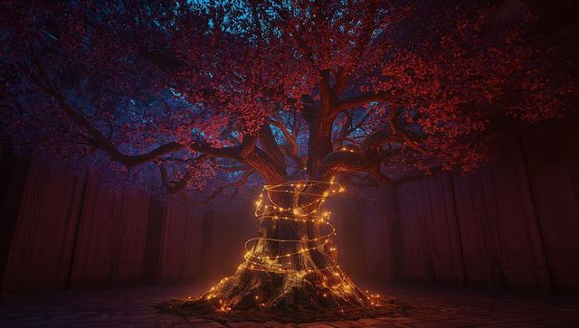 Mystical Tree Wrapped in Golden Fairy Lights