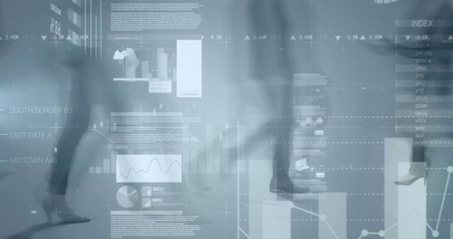 Abstract Financial Data Overlay with Silhouetted Figures in Motion - Download Free Stock Images Pikwizard.com