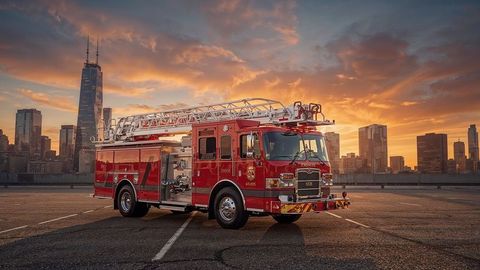 Fire truck with aerial ladder in urban setting at sunset