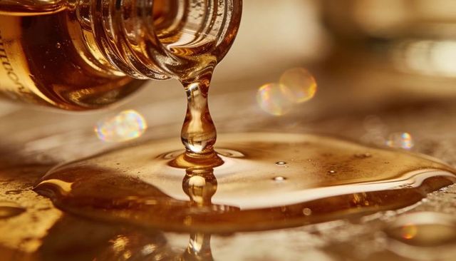 Pouring amber honey forming glossy golden puddle macro syrup droplet reflective bokeh