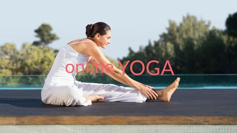 woman practicing yoga by poolside for online fitness promotion - Download Free Stock Templates Pikwizard.com