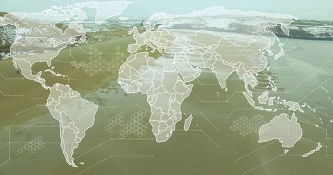 Digital World Map Overlaying Natural Landscape with Technology Interface