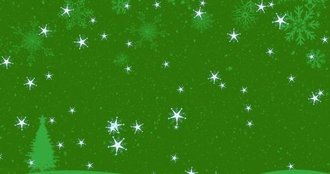 Green Holiday Background with Falling Snowflakes and Stars