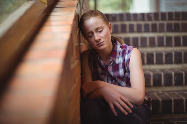 Sad Girl Sitting Alone on School Staircase - Download Free Stock Photos Pikwizard.com
