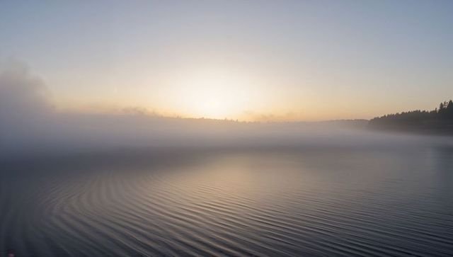 Sun rising behind low fog casting gentle ripples across tranquil lake at dawn