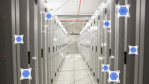 Animated Network Connections Over High-Tech Server Room