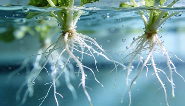 Hydroponic seedlings showing delicate white roots underwater with bubbles
