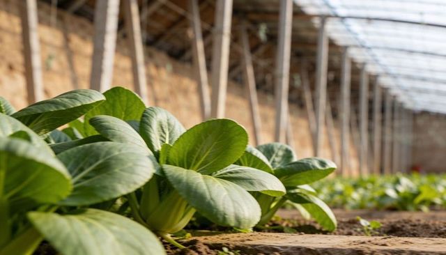 Bok choy growing in greenhouse rows under translucent roof with wooden support posts