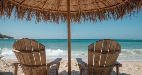 Relaxing Ocean View with Wooden Beach Chairs under Straw Umbrella