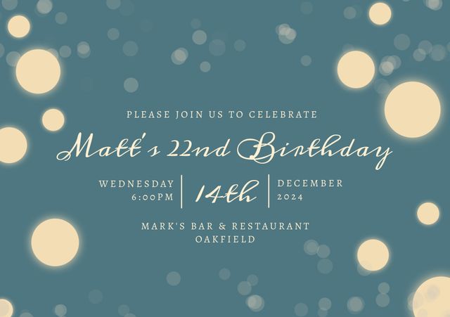 This elegant birthday invitation features a bokeh design with soft light circles, making it perfect for a sophisticated and stylish celebration. Ideal for creating personalized birthday party invites for a 22nd birthday, it highlights key event details including time, date, and venue. It can be used for digital invites, printouts for hand delivery, or as a reference for creating custom event stationery.