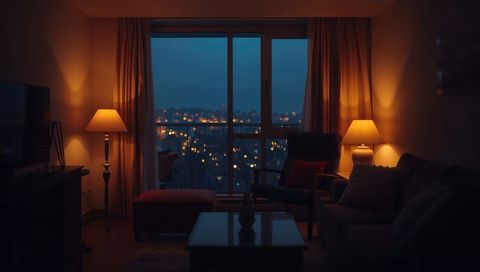 Cozy Urban Living Room Night Scene Bathing in Warm Amber Light with Cityscape Through Tall Window