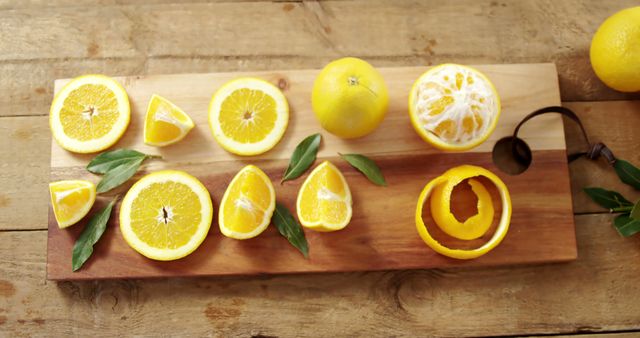 Bright, fresh citrus fruits sliced and displayed on a wooden cutting board. Suitable for use in cooking blogs, health and wellness websites, organic food promotions, and recipe books. Vibrant colors and fresh ingredients make it appealing for health-related and food-centric content.