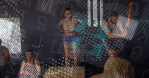 Male athlete jumping off plyo box with ar overlay during high-intensity group training