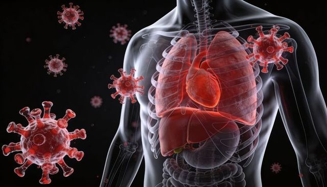 Transparent torso showing lungs and heart surrounded by spiked virus particles